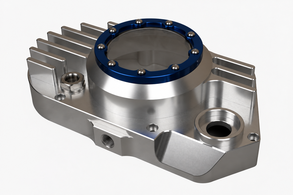 CNC Billet Kupplungsdeckel links mit Sichtfenster für Simson S51, SR50 & KR51/2 (M531 / M541) – Alu natur / Ring blau eloxiert