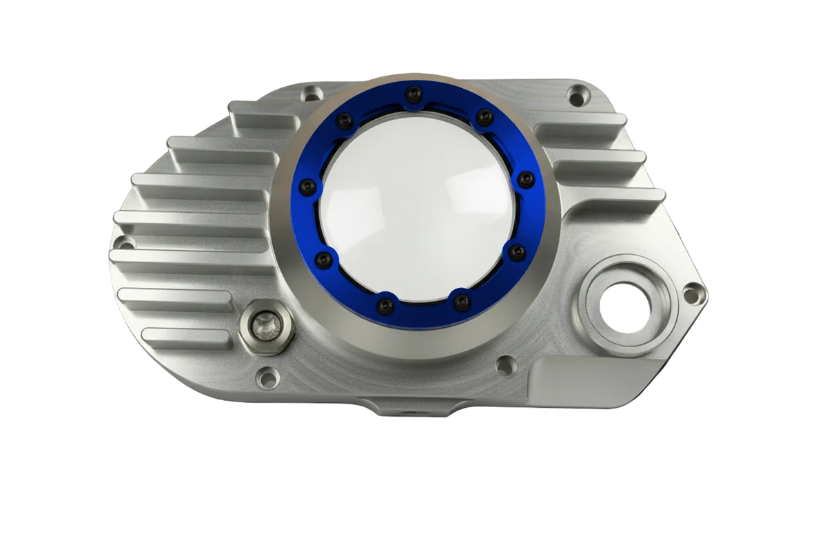 CNC Billet Kupplungsdeckel links mit Sichtfenster für Simson S51, SR50 & KR51/2 (M531 / M541) – Alu natur / Ring blau eloxiert