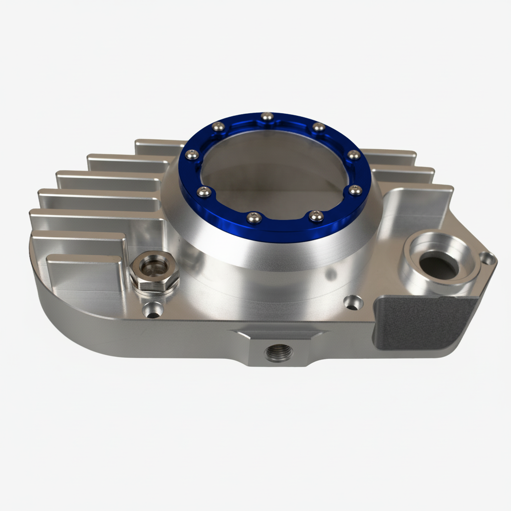 CNC Billet Kupplungsdeckel links mit Sichtfenster für Simson S51, SR50 & KR51/2 (M531 / M541) – Alu natur / Ring blau eloxiert