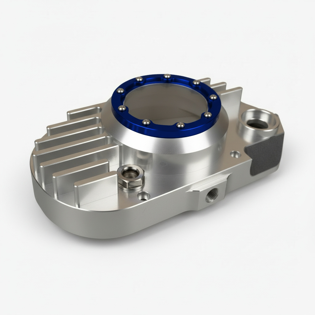 CNC Billet Kupplungsdeckel links mit Sichtfenster für Simson S51, SR50 & KR51/2 (M531 / M541) – Alu natur / Ring blau eloxiert
