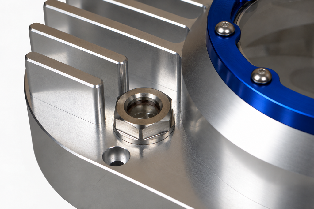 CNC Billet Kupplungsdeckel links mit Sichtfenster für Simson S51, SR50 & KR51/2 (M531 / M541) – Alu natur / Ring blau eloxiert